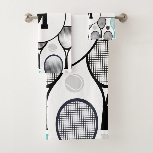 Monogram Initials Tennis Rackets Balls Elegant Bath Towel Set (Insitu)