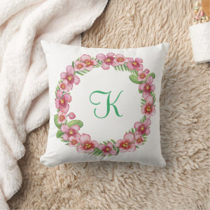 Monogram Initials Trendy Pink Green Floral  Cushion