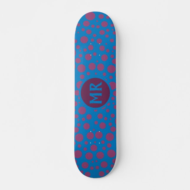 Monogram Initials Trippy Blue Purple Dots Spots  Skateboard (Front)