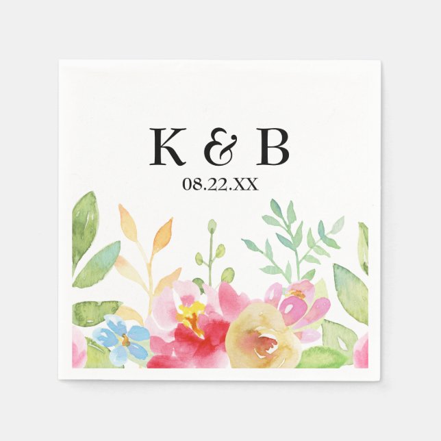 Monogram Initials w/ Date and Watercolor Flowers Napkin (Front)