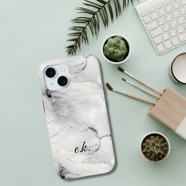 Monogram Initials white grey black gold marble  Case-Mate iPhone Case (Black white gray gold marble monogrammed initials or name iPhone case)