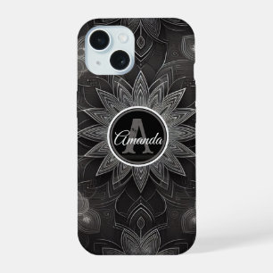 Monogram Intricate Black and White Floral Mandala iPhone 15 Case