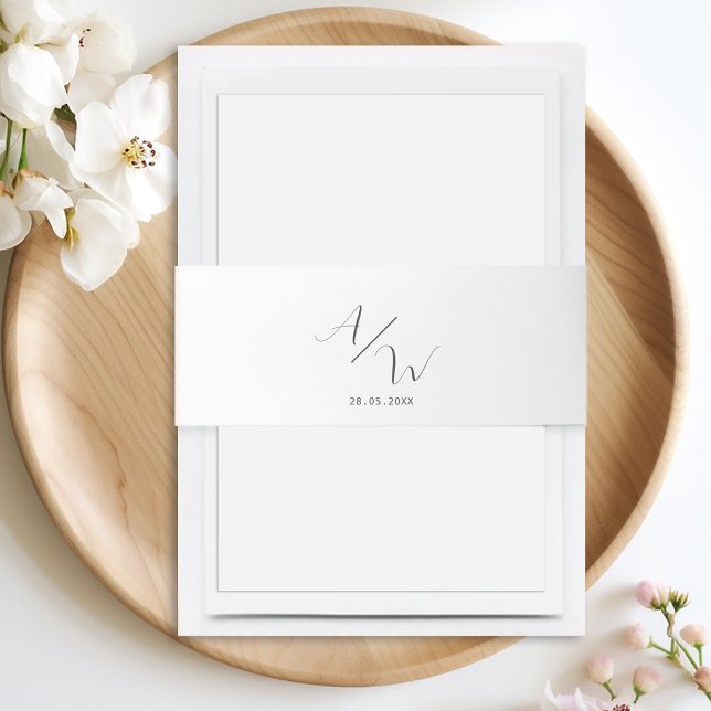 Monogram Invitation Belly Band (Customer-specific, monogram, modern, simple, elegant wedding napkins in white, grey .)