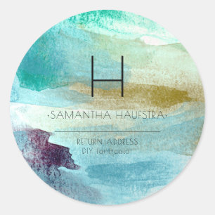 Monogram Iridescent Aqua Blue Brushed Watercolor Classic Round Sticker