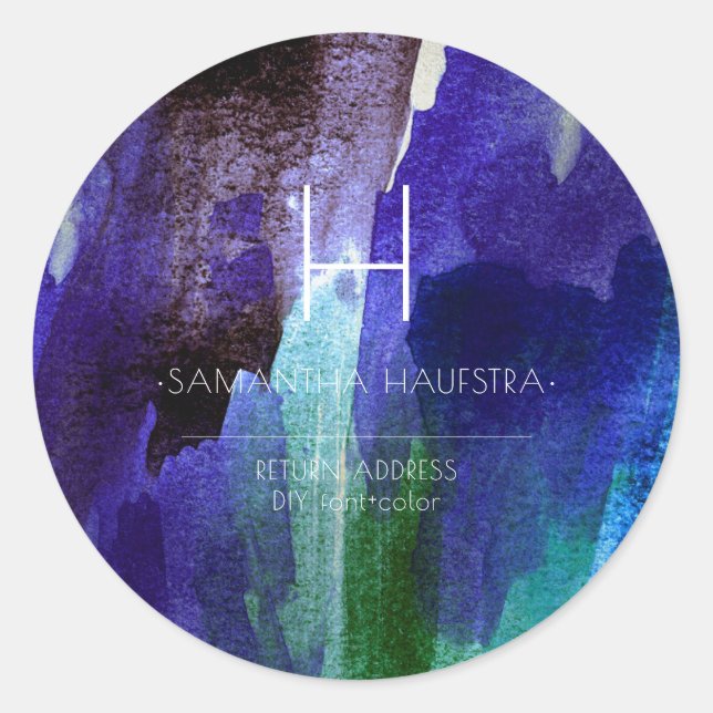 Monogram Iridescent Indigo Brushed Watercolor Classic Round Sticker (Front)