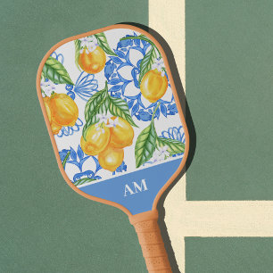 Monogram Italian Lemon Blue Tiles Pattern  Pickleball Paddle