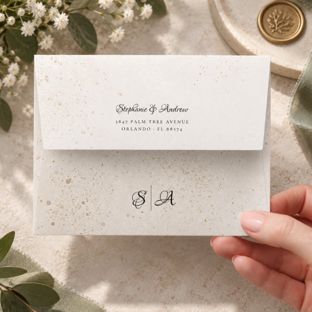 Monogram Ivory and beige Wedding Return Address Envelope (Creator Uploaded)