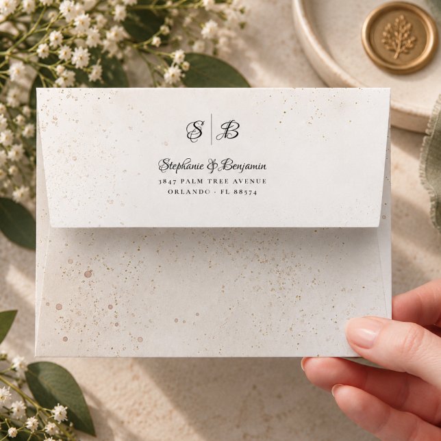 Monogram Ivory and beige Wedding Return Address Envelope (Creator Uploaded)