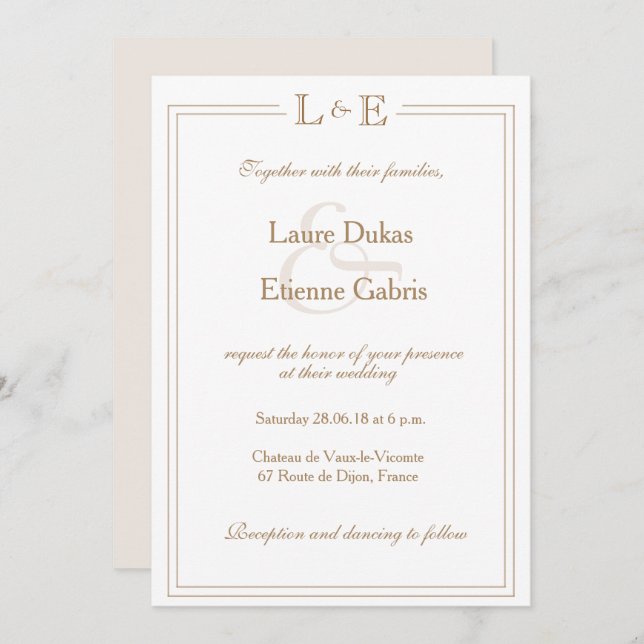 Monogram ivory white gold ampersand modern wedding invitation (Front/Back)