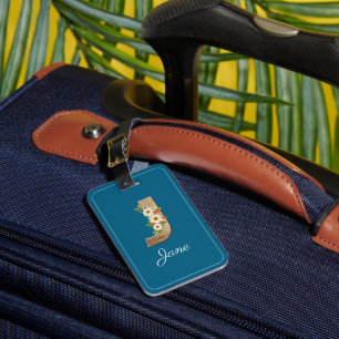 Monogram J blue wood letter flower Luggage Tag