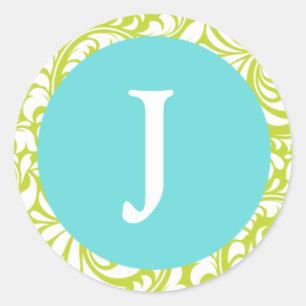 Monogram J Chartreuse Pale Blue Personalizable Wed Classic Round Sticker