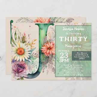 Monogram J Colorful Watercolor Flowers Birthday Invitation