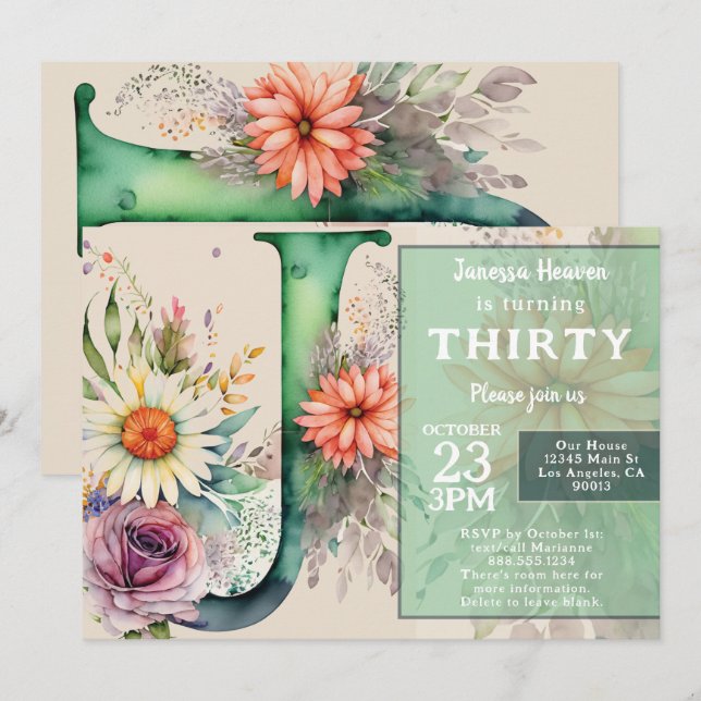 Monogram J Colorful Watercolor Flowers Birthday  Invitation (Front/Back)