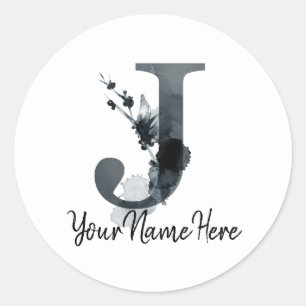 Monogram J Dark Herb Foliage Classic Round Sticker