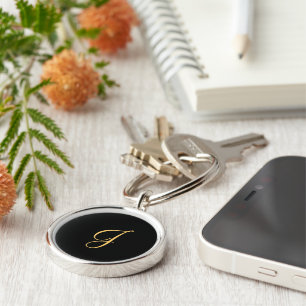 Monogram J, gold colored initial J on black  Key Ring