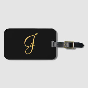 Monogram J, gold coloured initial J on black Luggage Tag