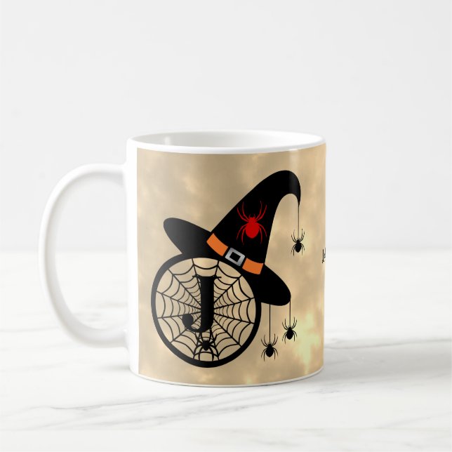 Monogram J Halloween Sky Witch Spiders Name Coffee Mug (Left)