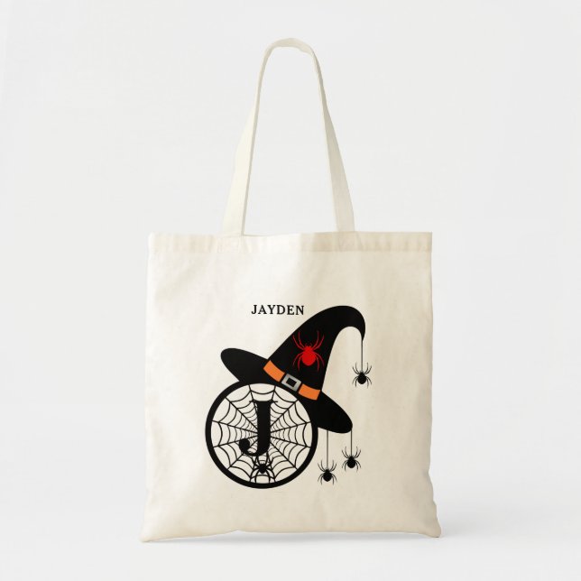 Monogram J Halloween Witch Spiders Your Name Tote Bag (Front)