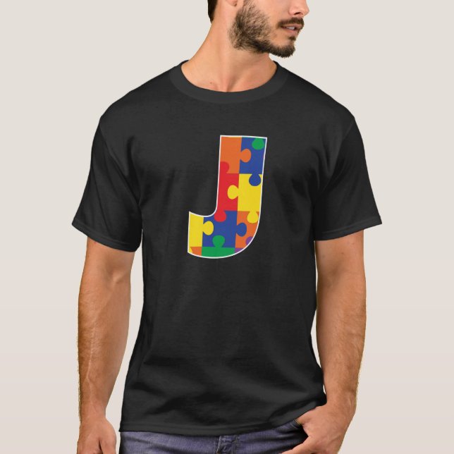 Monogram J in Multi Colour Puzzle Pieces T-Shirt (Front)