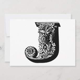 Monogram J Initial Black and White Floral Note Holiday Card