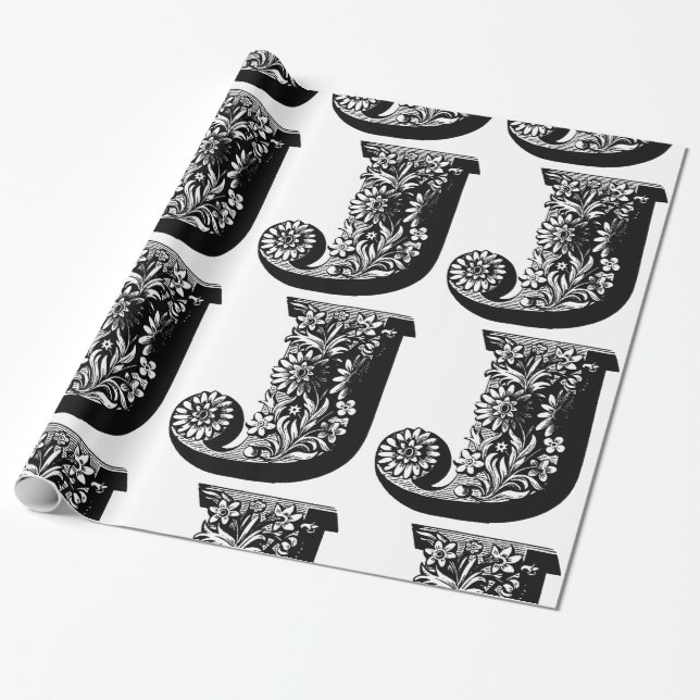 Monogram J Initial Black and White Floral Pattern Wrapping Paper (Unrolled)