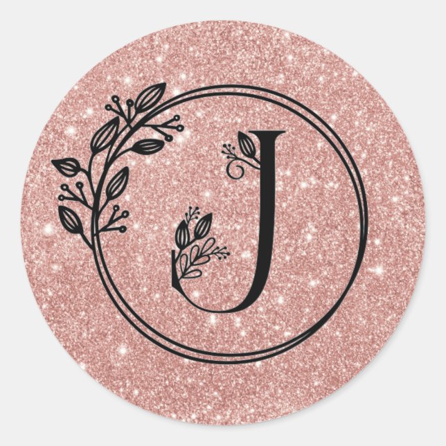 Monogram J Rose Gold Blush Pink Glitter Floral Classic Round Sticker (Front)