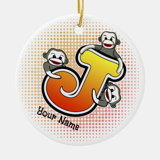 Monogram J Sock Monkey  Ceramic Tree Decoration (Front)