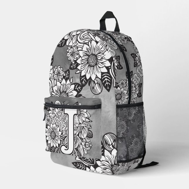 Monogram "J" Sunflower Pattern Black and White DIY Printed Backpack (Back Corner Right)