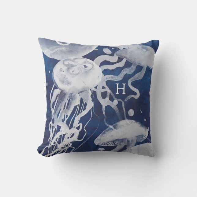 Monogram | Jellyfish on Navy Background Cushion (Front)