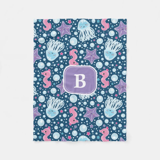Monogram | Jellyfish & Seahorses | Blue Purple Fleece Blanket (Front)