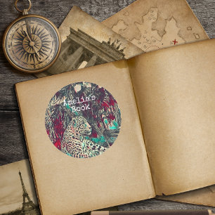 Monogram Jungle Cat Bookplate Classic Round Sticker