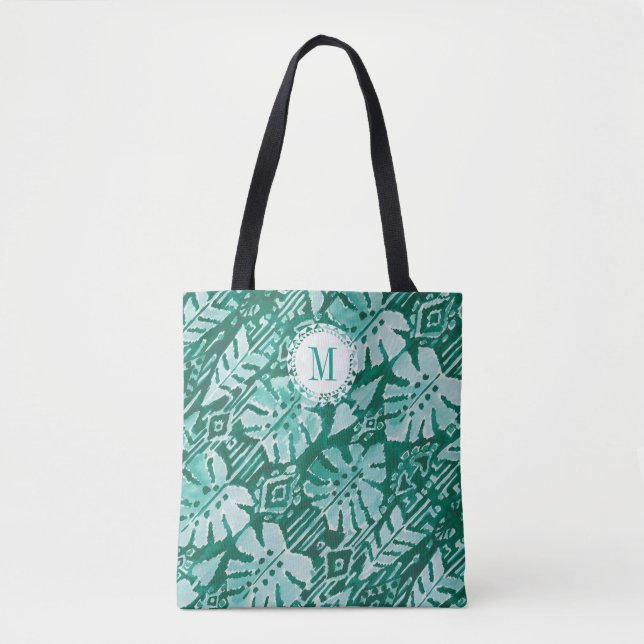 Monogram JUNGLE IKAT Hawaiian Green Tropical Tote Bag (Front)