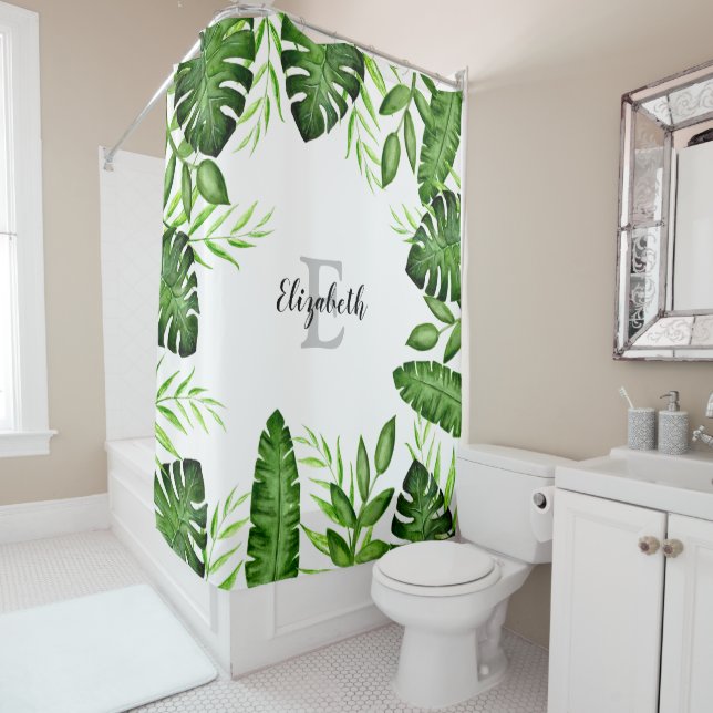 Monogram Jungle Tropical Leaves Plants Script Shower Curtain (In Situ)