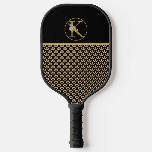 MONOGRAM K, BLACK & GOLD MODERN PATTERN PICKLEBALL PADDLE (Front)