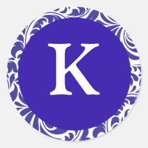 Monogram K Blue White Designer Wedding Monograms I Classic Round Sticker