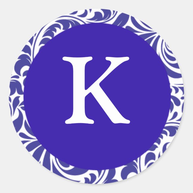 Monogram K Blue White Designer Wedding Monograms I Classic Round Sticker (Front)