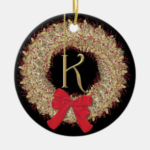 Monogram K Christmas Wreath Snowflakes Ceramic Tree Decoration