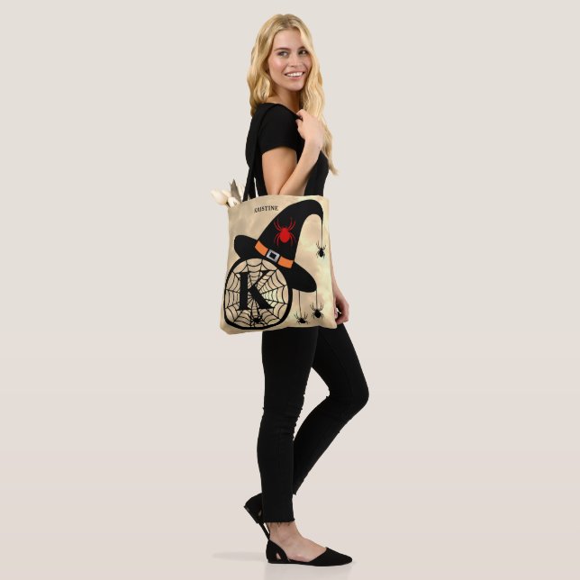 Monogram K Cloudy Witch Spiders Name All-Over Tote Bag (On Model)