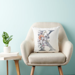 Monogram K, Floral Watercolor Blue Peach White Cushion