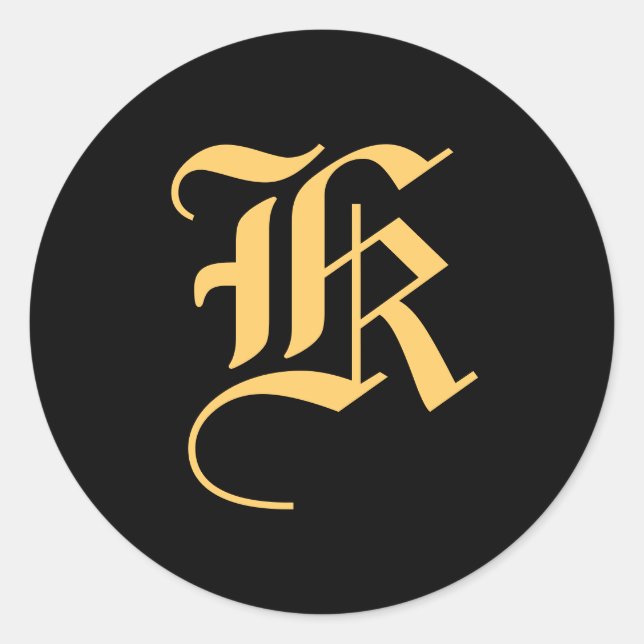 Monogram "K" Gold-Colour on Black Classic Round Sticker (Front)