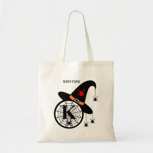 Monogram K Halloween Witch Spiders Your Name Tote Bag