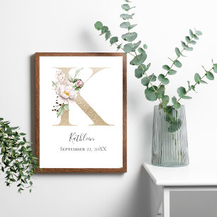Monogram K Pink White Floral Gold Letter Nursery   Poster