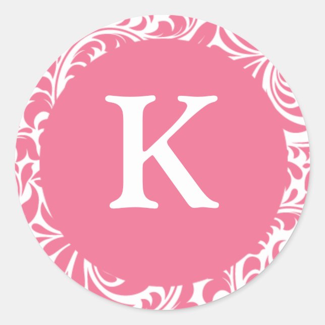 Monogram K Pink White Wedding Theme Monograms Invi Classic Round Sticker (Front)