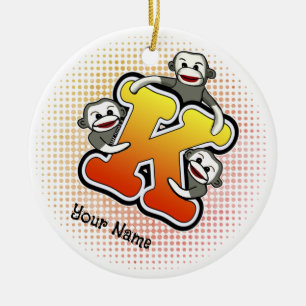 Monogram K Sock Monkey  Ceramic Tree Decoration