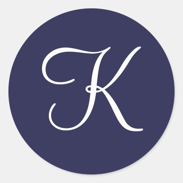 Monogram K, White on Navy Blue, Classic Round Sticker (Front)