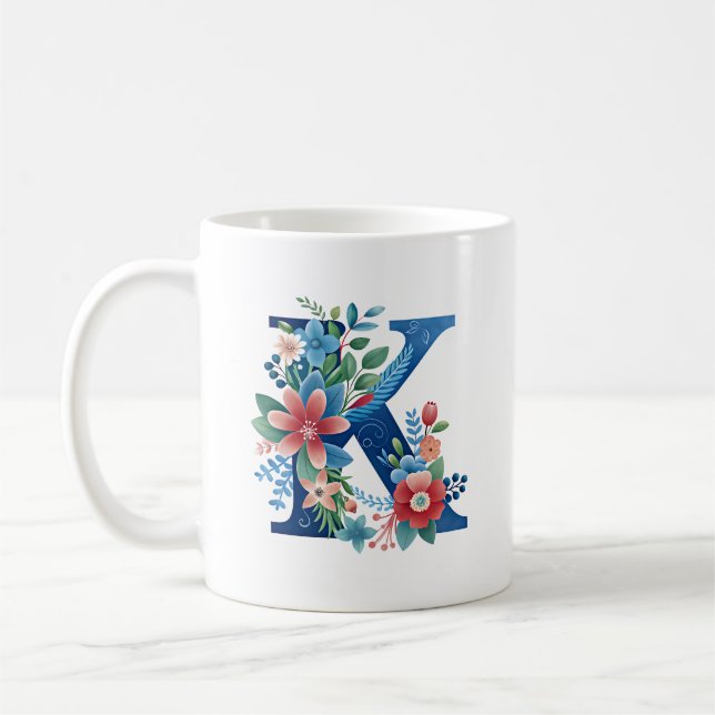Monogram K with decorative floral design Coffee Mug (Left)