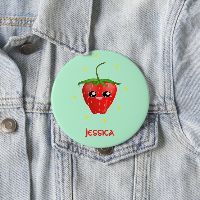 Monogram kawaii strawberry fruit on turquoise 10 cm round badge (In Situ)