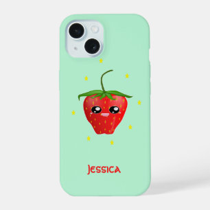 Monogram kawaii strawberry fruit on turquoise iPhone 15 case