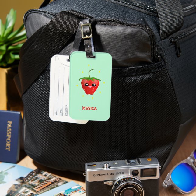 Monogram kawaii strawberry fruit on turquoise luggage tag (Front & Back)