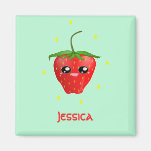 Monogram kawaii strawberry fruit on turquoise magnet